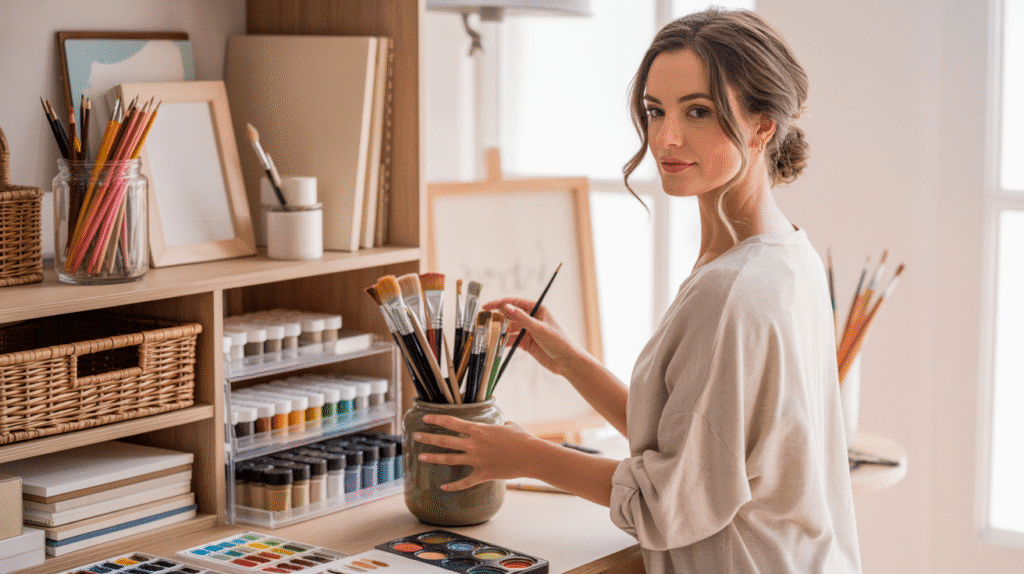 A bright, aesthetically organized art studio corner with a soft, warm-neutral palette. A stylish woman in her early 30s with natural makeup and soft waves stands beside a beautifully organized art desk, arranging her paintbrushes in a ceramic jar. The studio features light wood shelving, glass jars filled with pencils, neatly stacked sketchbooks, rattan baskets, and acrylic organizers with paints arranged by color. Soft sunlight streams through a nearby window, highlighting the clean workspace and giving the scene a cozy, creative feel. The overall mood is calming, artistic, and Pinterest-worthy — showcasing an inviting, well-organized art supply setup.