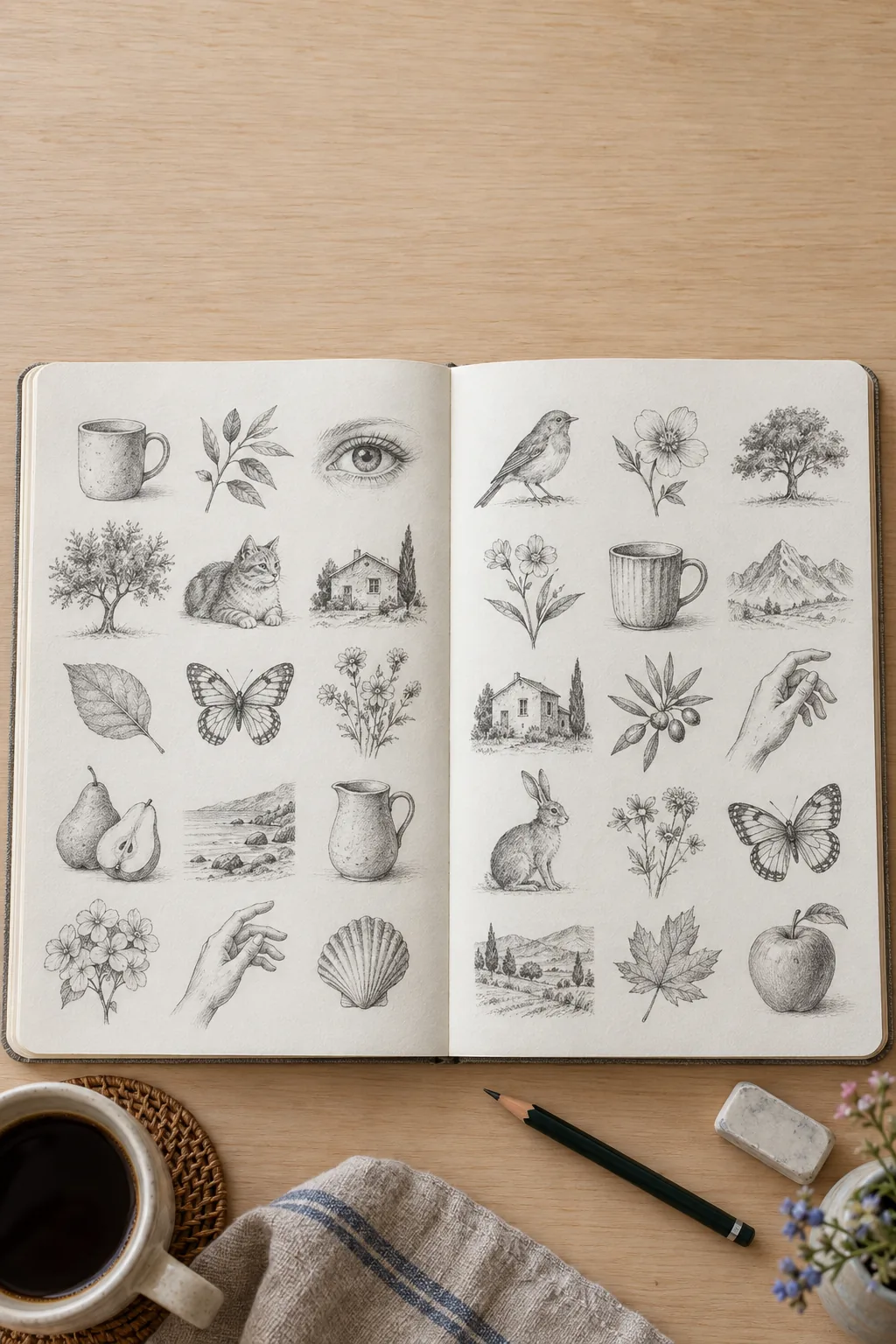 Open sketchbook filled with thirty small pencil sketches including a mug, leaves, an eye, a cat, a butterfly and a house