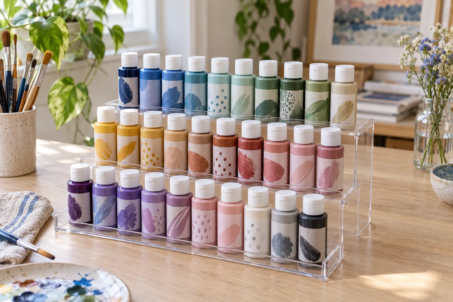 Clear three-tier acrylic riser holding rows of 2 oz craft paint bottles sorted by color on an art desk