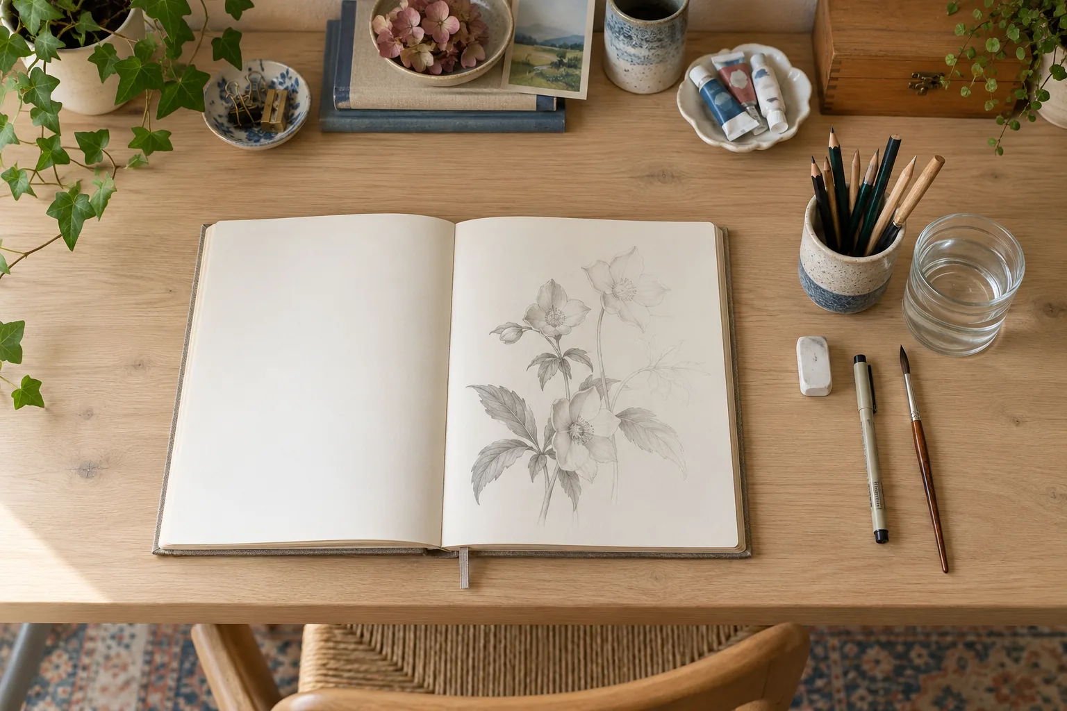 Overhead view of an art desk with a sketchbook in the center and pencils, eraser, fineliner, brush and water cup within easy reach