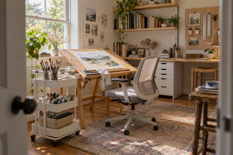 A light-filled art studio setup