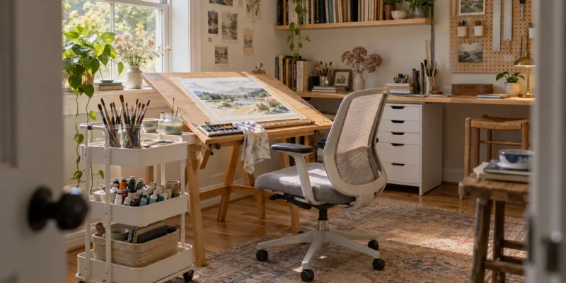 Bright home art studio with a tilted drafting table, watercolor in progress, white rolling cart of brushes and paints, and a pegboard wall