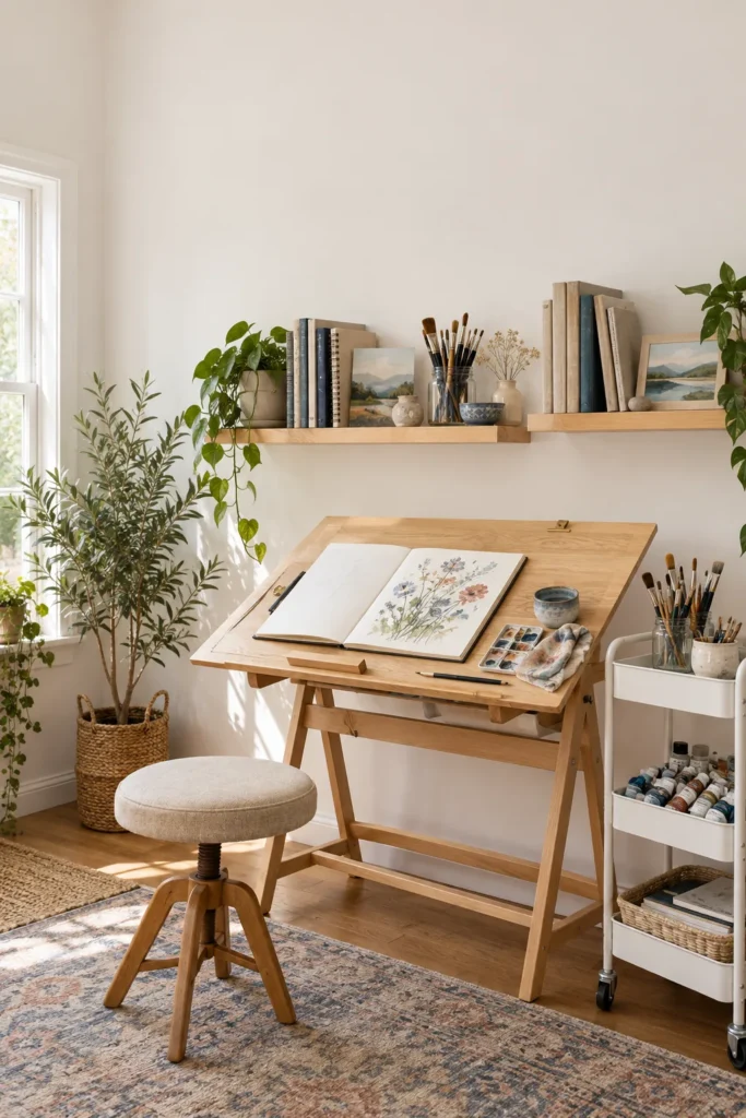 Art studio corner with a tilted wooden drafting table, open sketchbook, rolling supply cart and floating shelves