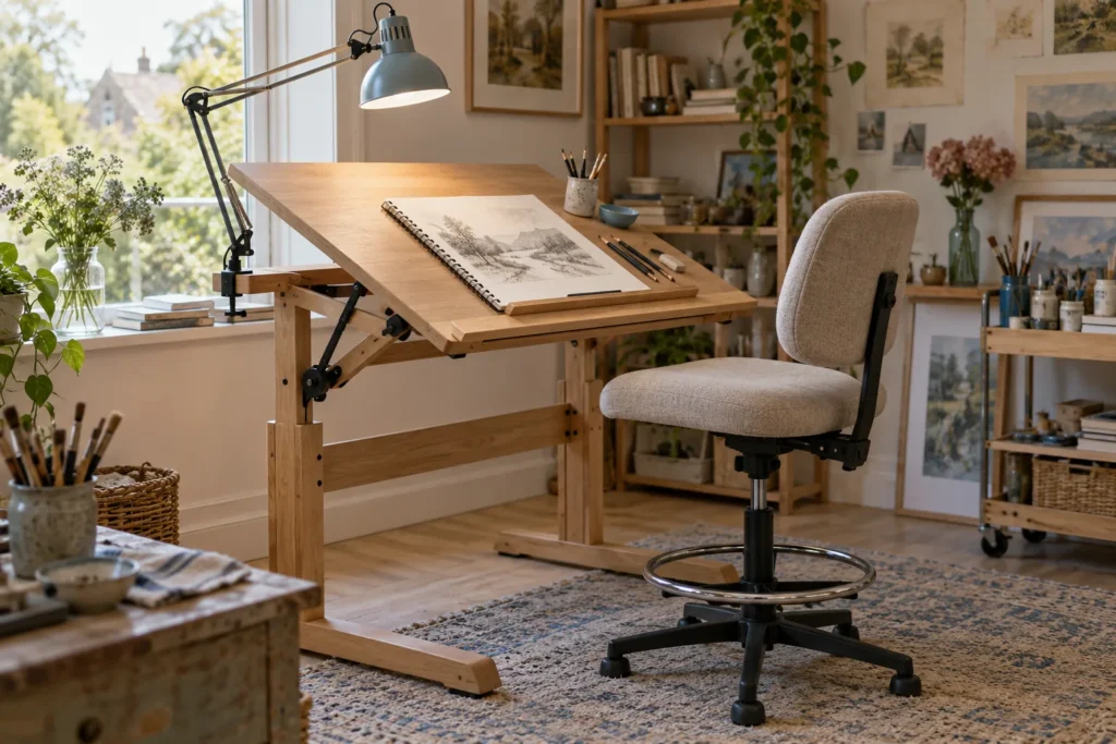 Solid wood drafting table tilted for drawing with a drafting chair and foot ring, sketchbook and clamp lamp in a bright studio