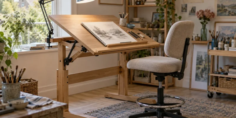 Solid wood drafting table tilted for drawing with a drafting chair and foot ring, sketchbook and clamp lamp in a bright studio