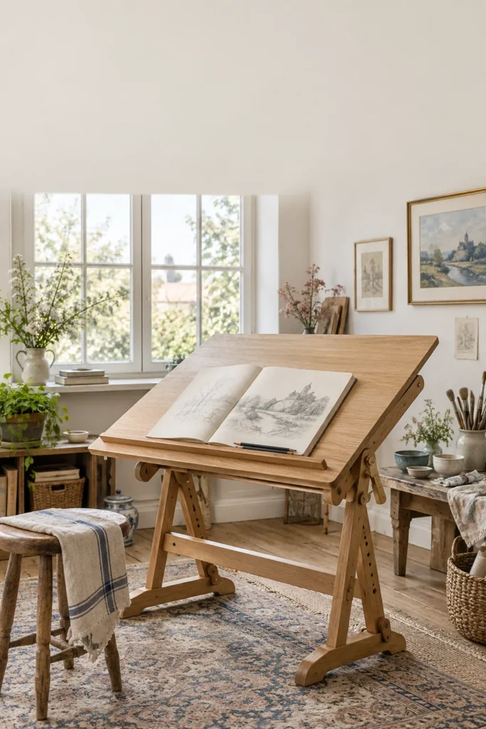 Vintage-style wooden drafting table with a tilted top holding an open sketchbook beside a tall window
