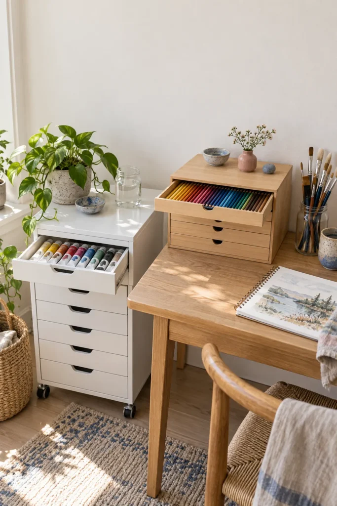 White rolling drawer cart and wooden drawer chest beside an art desk, drawers open showing paint tubes and colored pencils