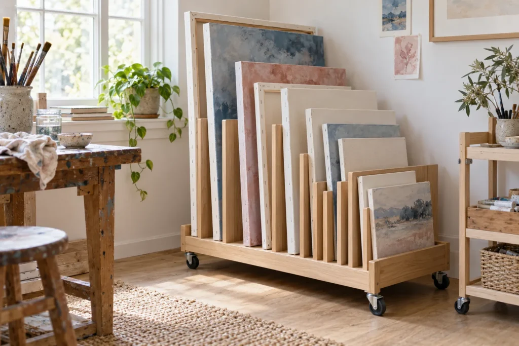 Rolling wooden canvas storage rack holding stretched canvases upright on their edges in separate slots, largest at the back