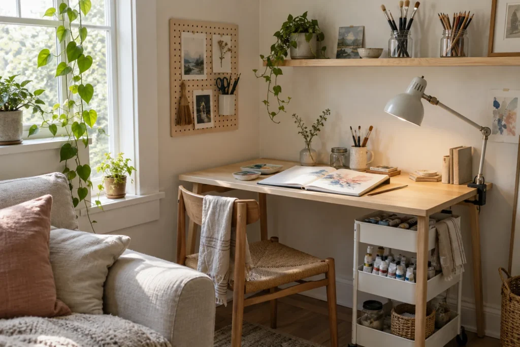 Small corner art studio in a living room with a compact wood desk, clamp lamp, rolling cart, pegboard and floating shelf