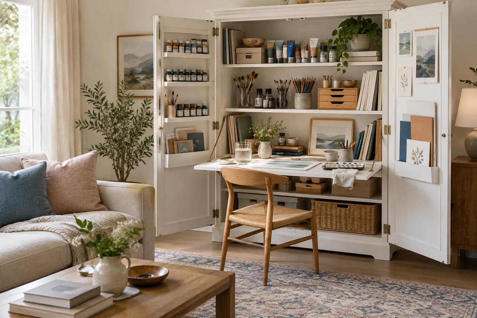 White craft armoire open in a living room, with shelves of paints, brushes and a fold-out desk for a small art studio