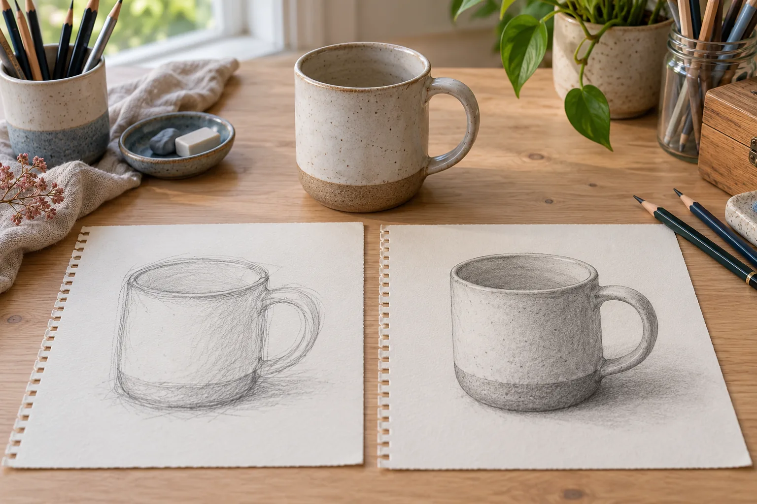Two pencil drawings of the same mug side by side, a hesitant Day 1 sketch and a confident shaded Day 30 sketch
