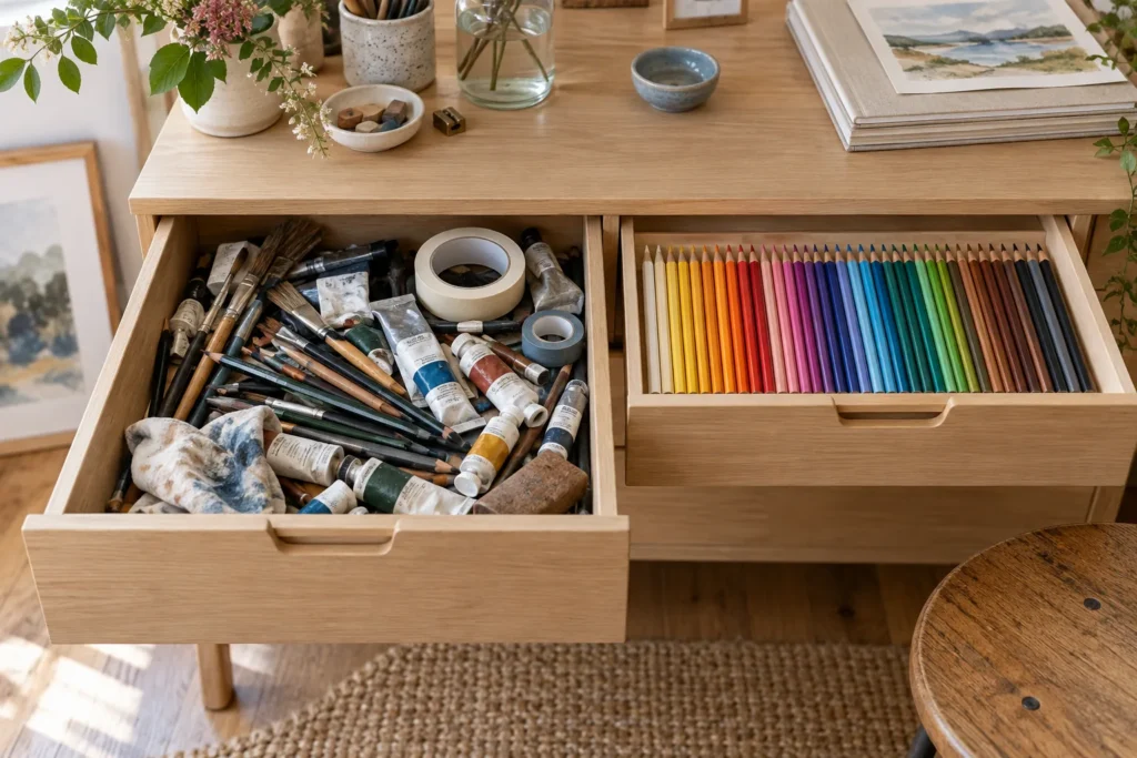 A deep drawer jumbled with brushes, paint and tape next to a shallow drawer of colored pencils laid flat in one neat layer