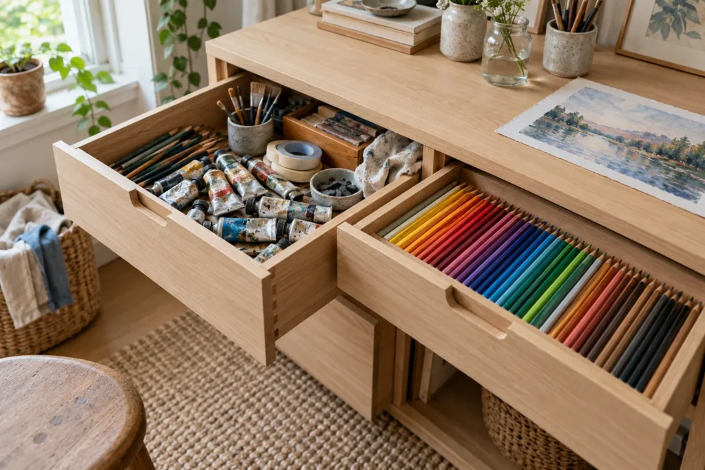 Art desk with one deep drawer of mixed paint tubes and brushes and one shallow drawer of colored pencils sorted by color