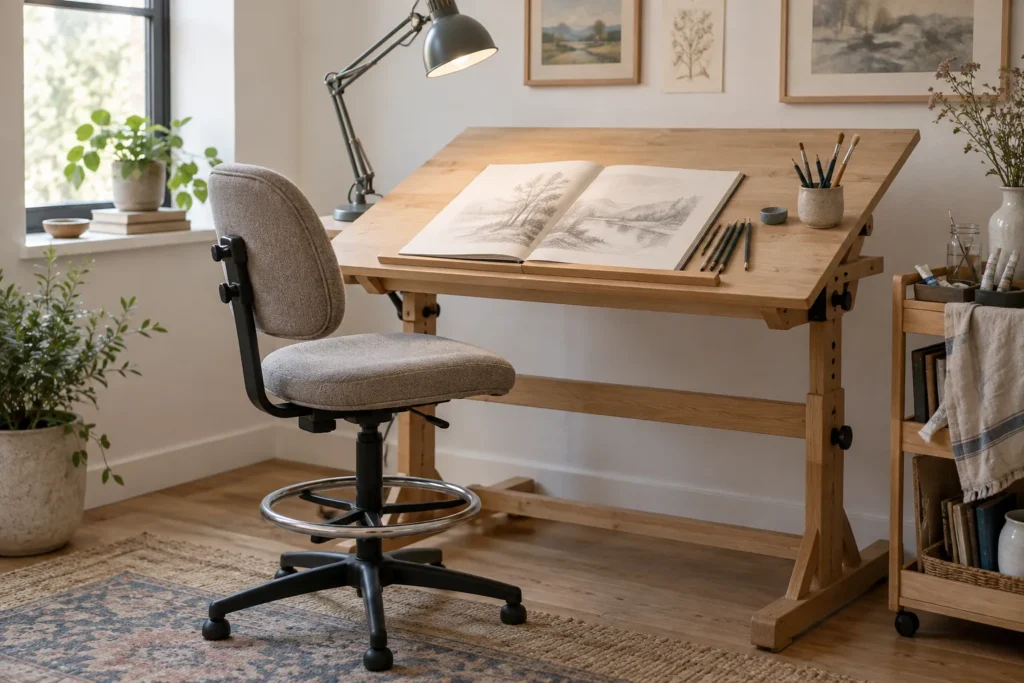 Wood drafting table tilted for drawing, with a drafting chair, foot ring and daylight desk lamp