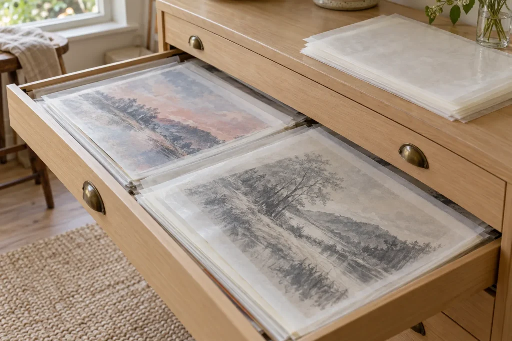 Finished charcoal drawings stored flat in a wide drawer, each covered with a sheet of translucent glassine paper