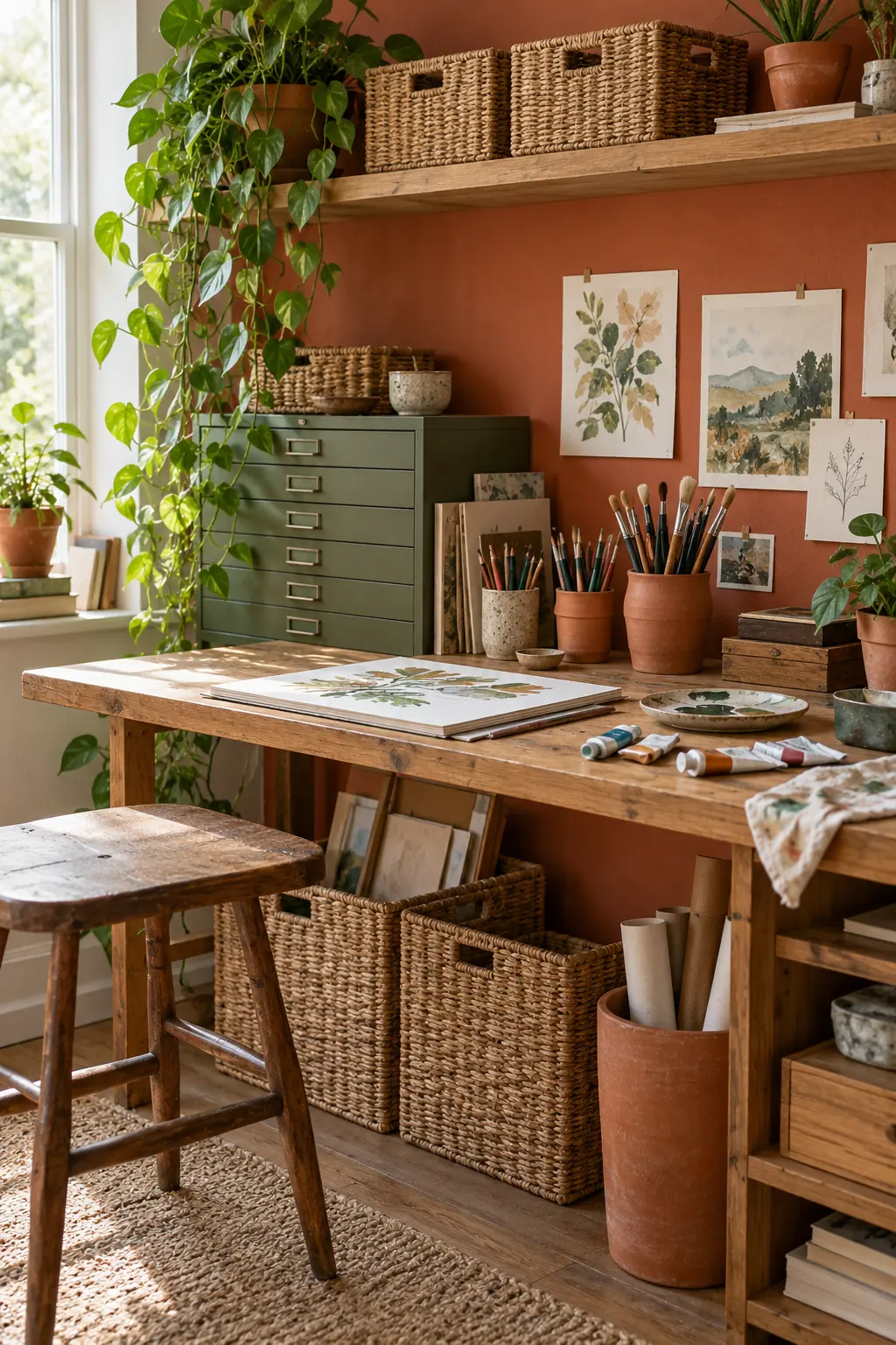 Earthy art corner with a terracotta wall, olive green drawer cabinet, woven baskets, clay pots of brushes and trailing pothos