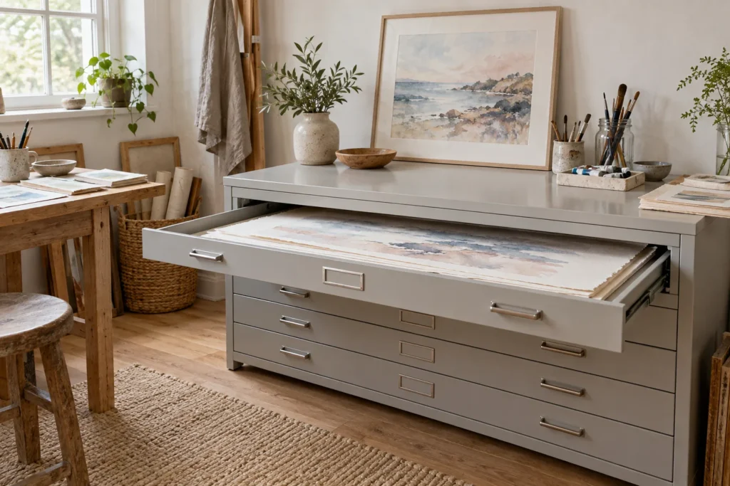 Steel flat file cabinet in a home studio with the top drawer open showing large sheets of watercolor paper stored flat