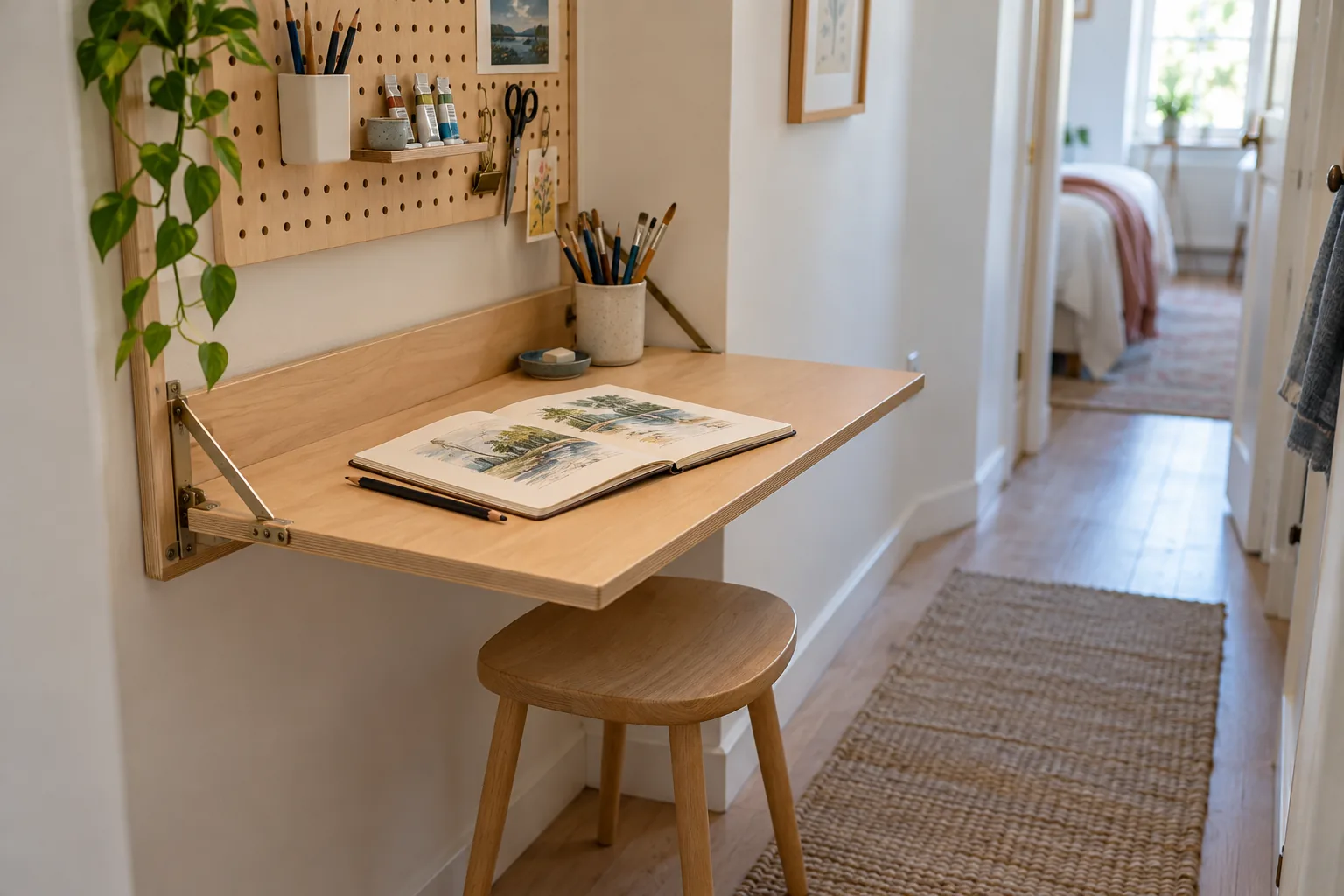 Fold-down wall desk in a hallway with a pegboard of art supplies, an open sketchbook and a wooden stool