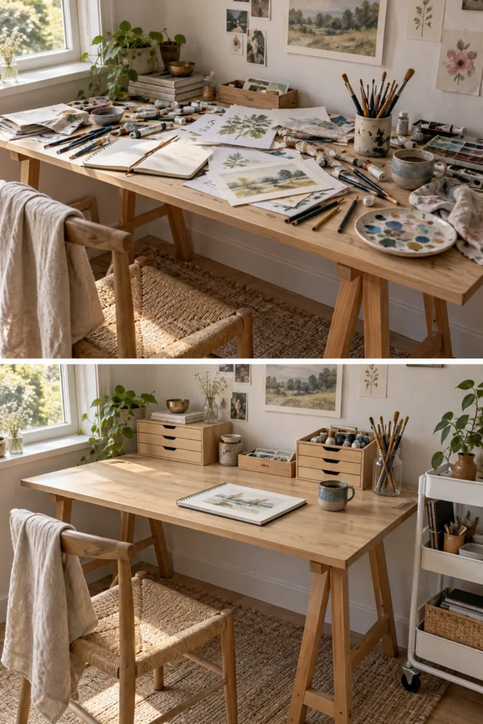 Before and after of an art desk: cluttered with supplies on top, organized with drawer boxes and a rolling cart below