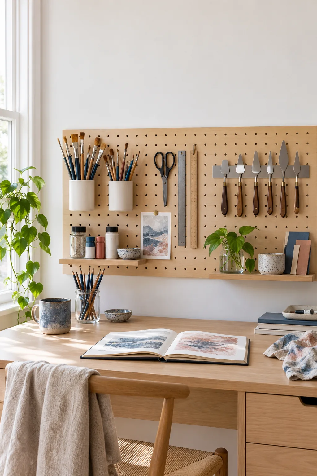 Wooden pegboard above an art desk with brushes in cups, scissors, rulers and a magnetic strip of palette knives