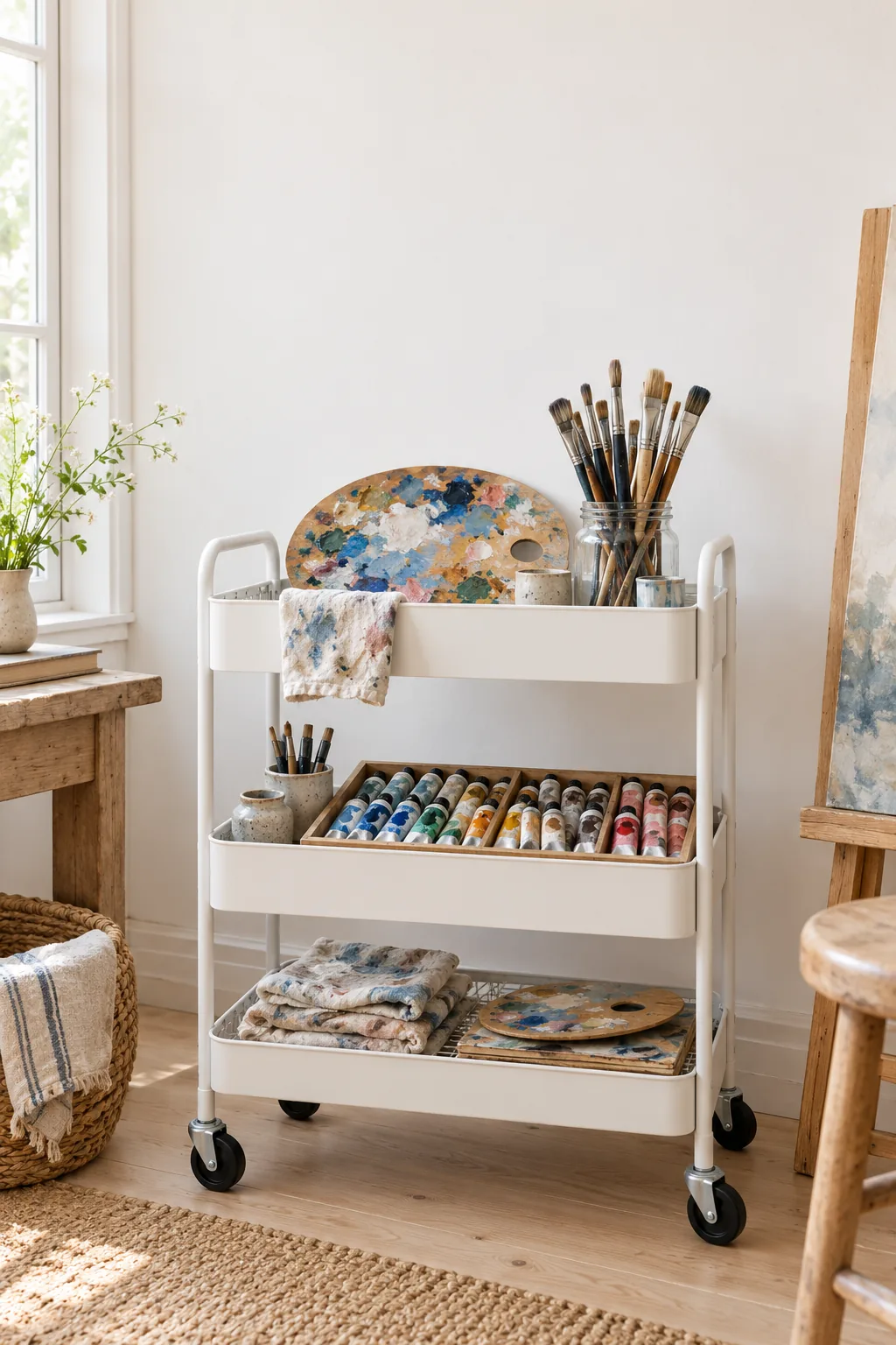 White rolling paint cart with a palette and brush jar on top, paint tubes in a tray and rags below