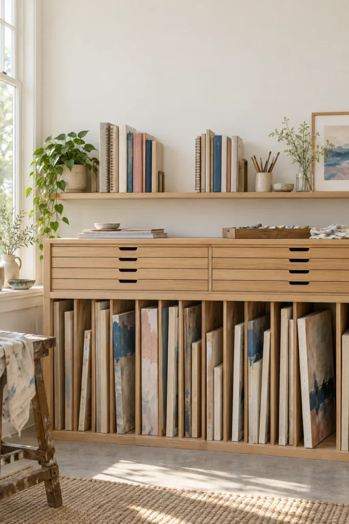 Art storage wall with canvases standing upright in slots, wide flat drawers for paper, and a shelf of upright sketchbooks