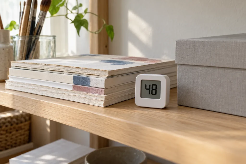 Small digital hygrometer reading 48 percent humidity on a shelf beside stacked watercolor paper and an archival box