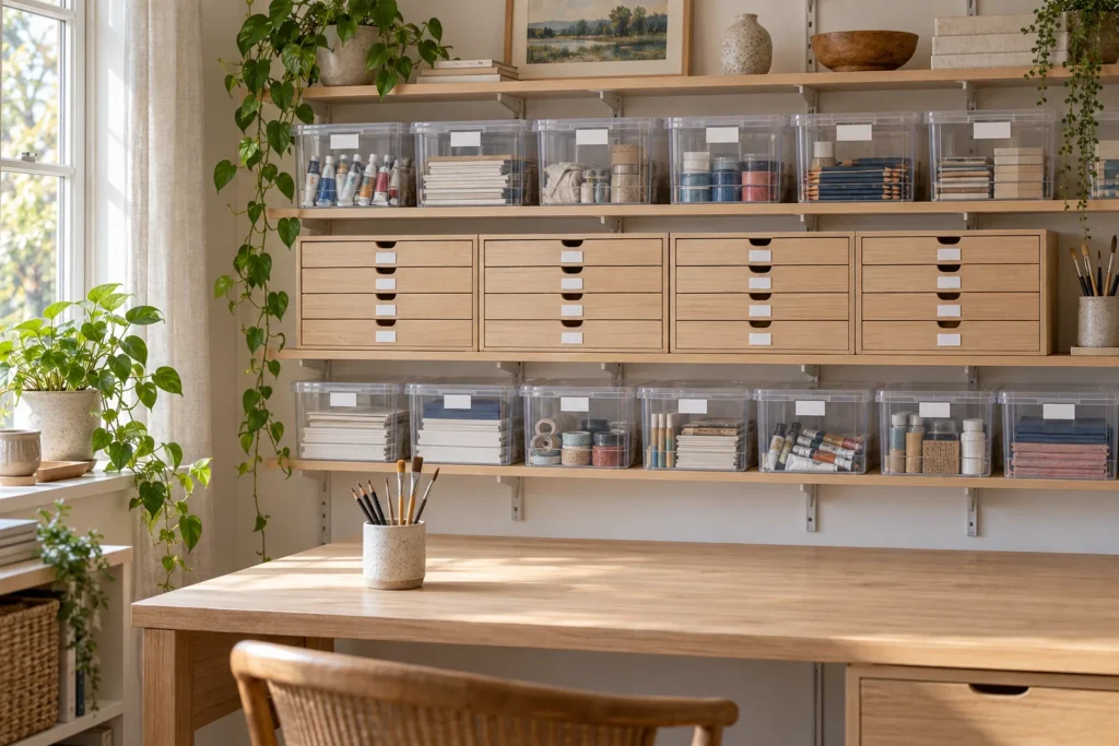 Organized art studio wall of clear lidded bins and shallow wooden drawers with small labels above a tidy desk