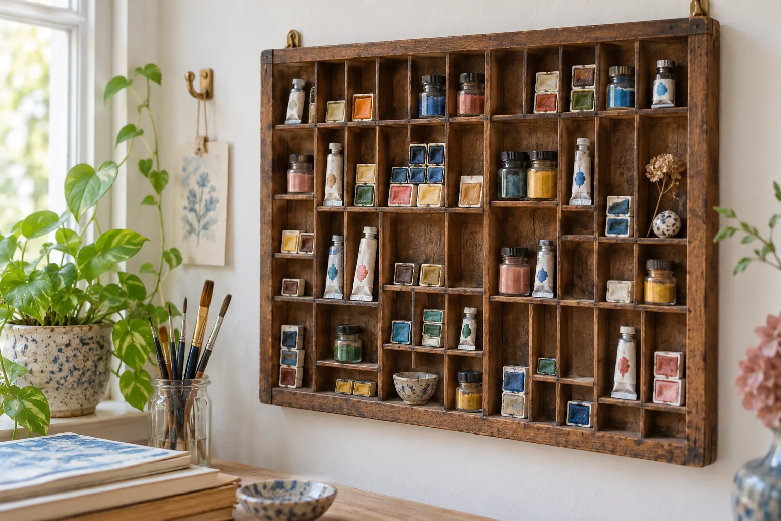 Vintage wooden letterpress tray on a studio wall holding watercolor half pans, mini paint jars and small tubes