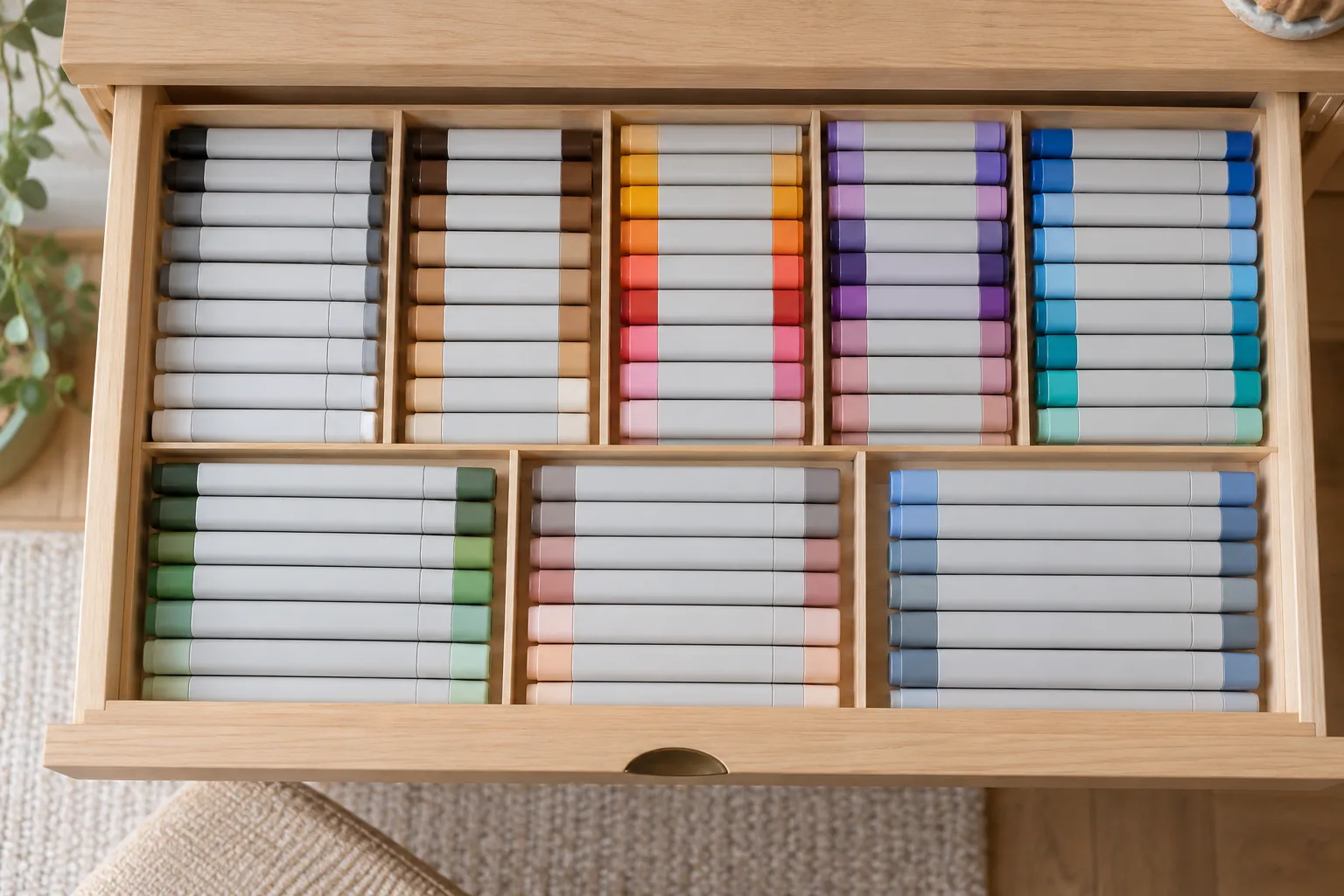 Alcohol markers stored flat in a shallow wooden drawer, sorted by color family in neat rows