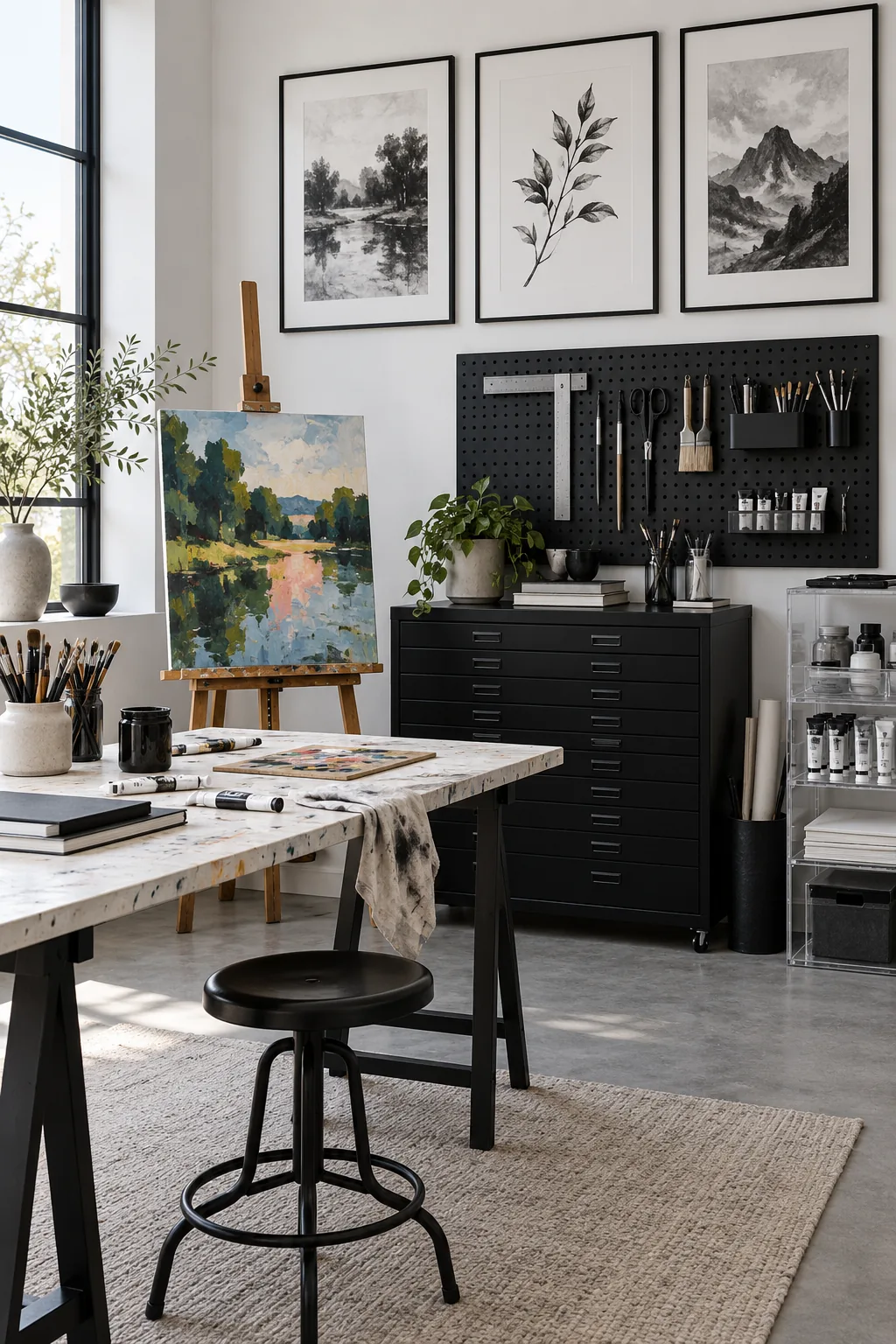 Modern black and white art studio with a black flat file cabinet, black pegboard of tools, framed ink drawings and one colorful landscape painting