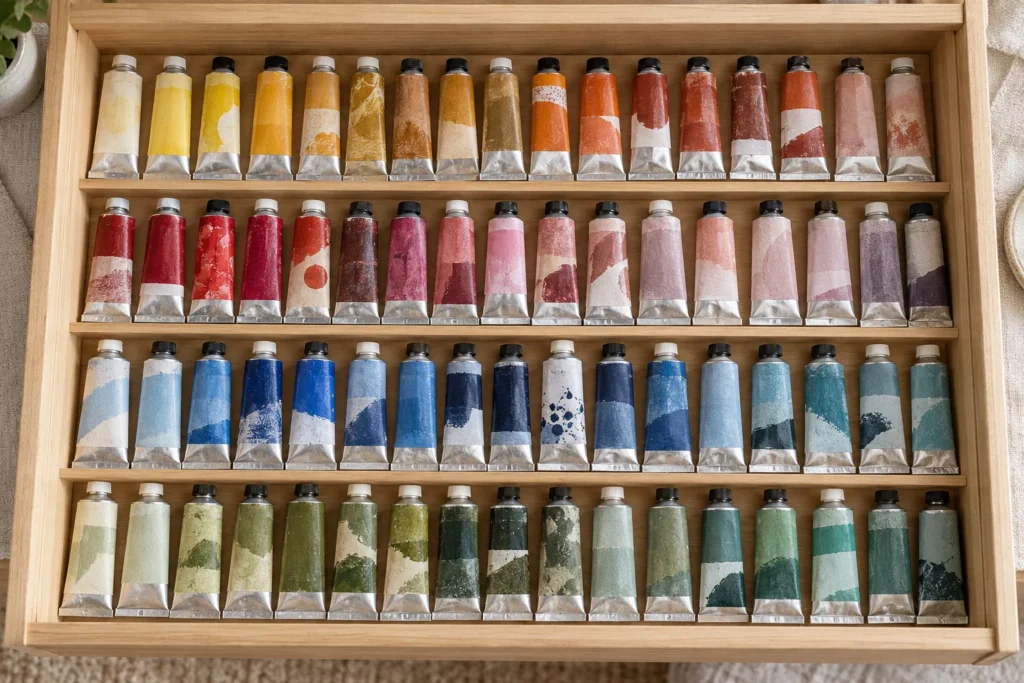 Paint tubes lying flat in a shallow wooden drawer, sorted from warm yellows and reds to cool blues and greens