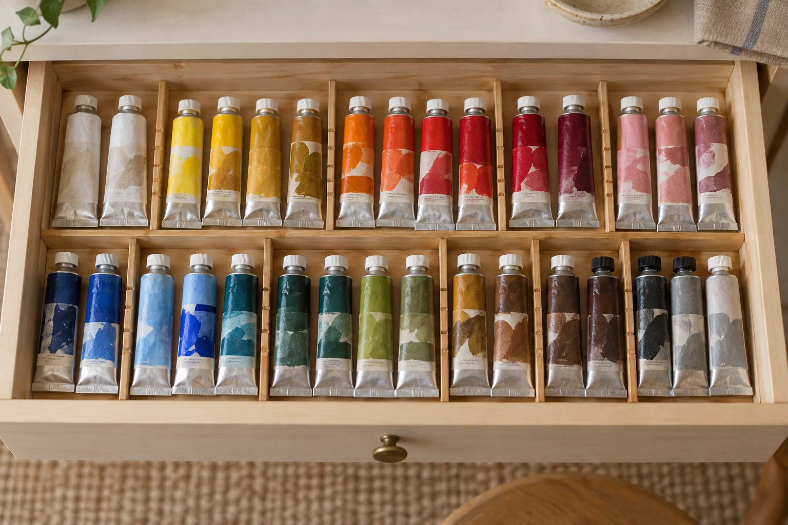 Paint tubes lying flat in a shallow wooden drawer with bamboo dividers, sorted from warm to cool colors