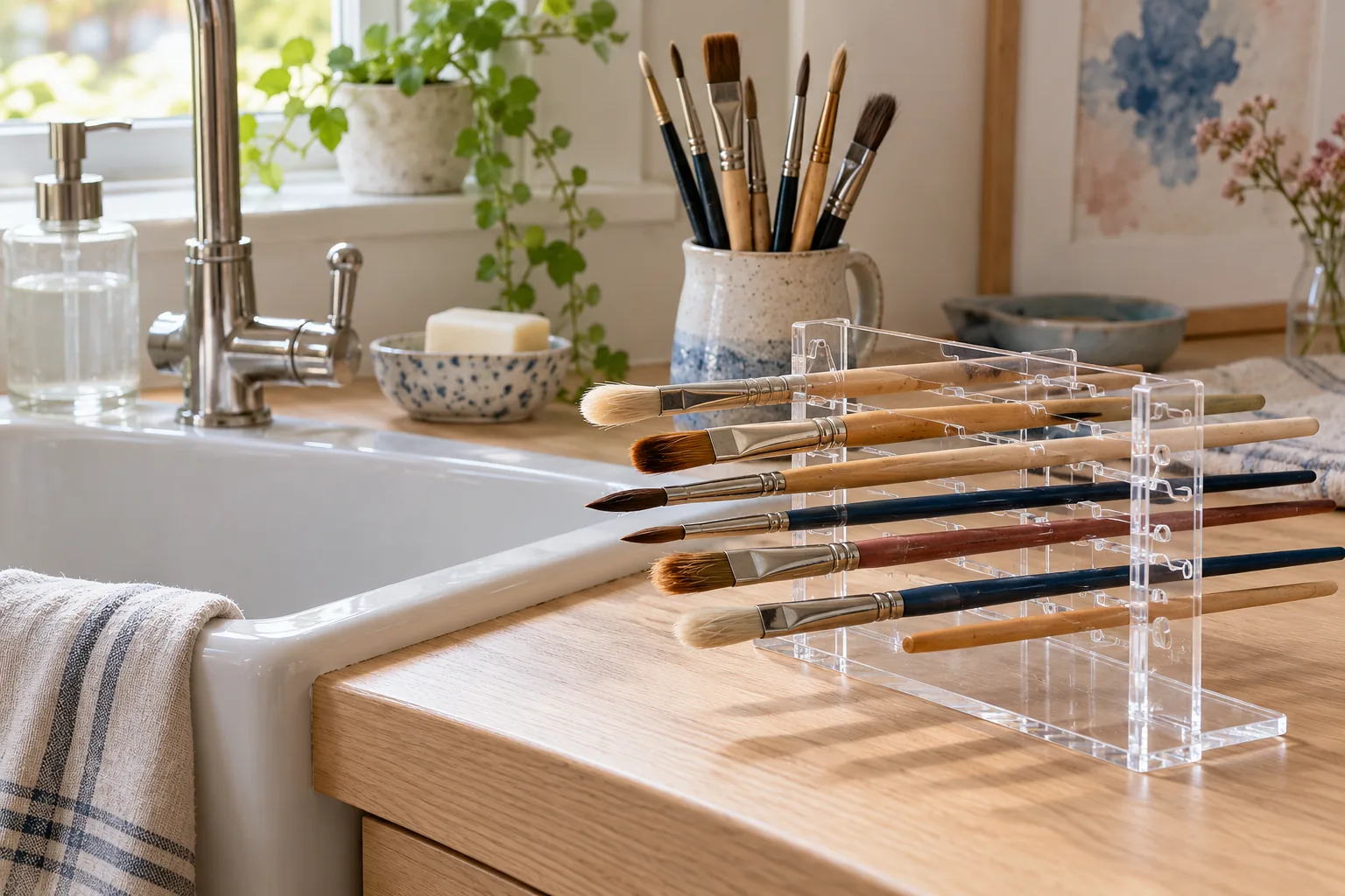 Paintbrushes drying horizontally on a clear acrylic rack beside a sink, with dry brushes standing upright in a ceramic jar