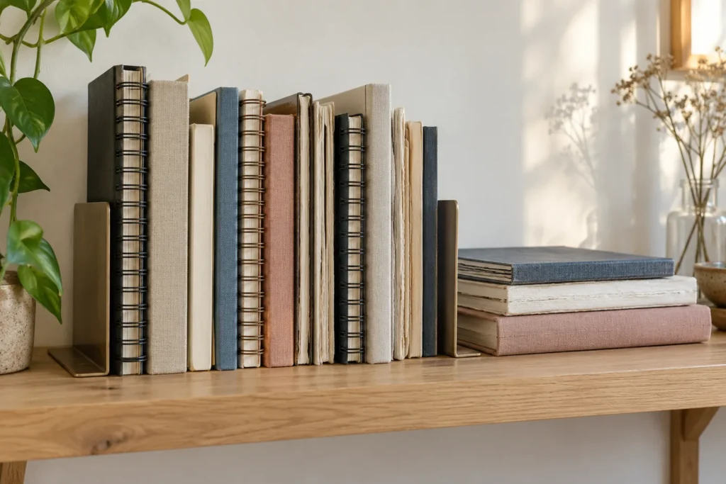 Row of sketchbooks standing upright on an oak shelf held straight with metal bookends, with oversized sketchbooks lying flat