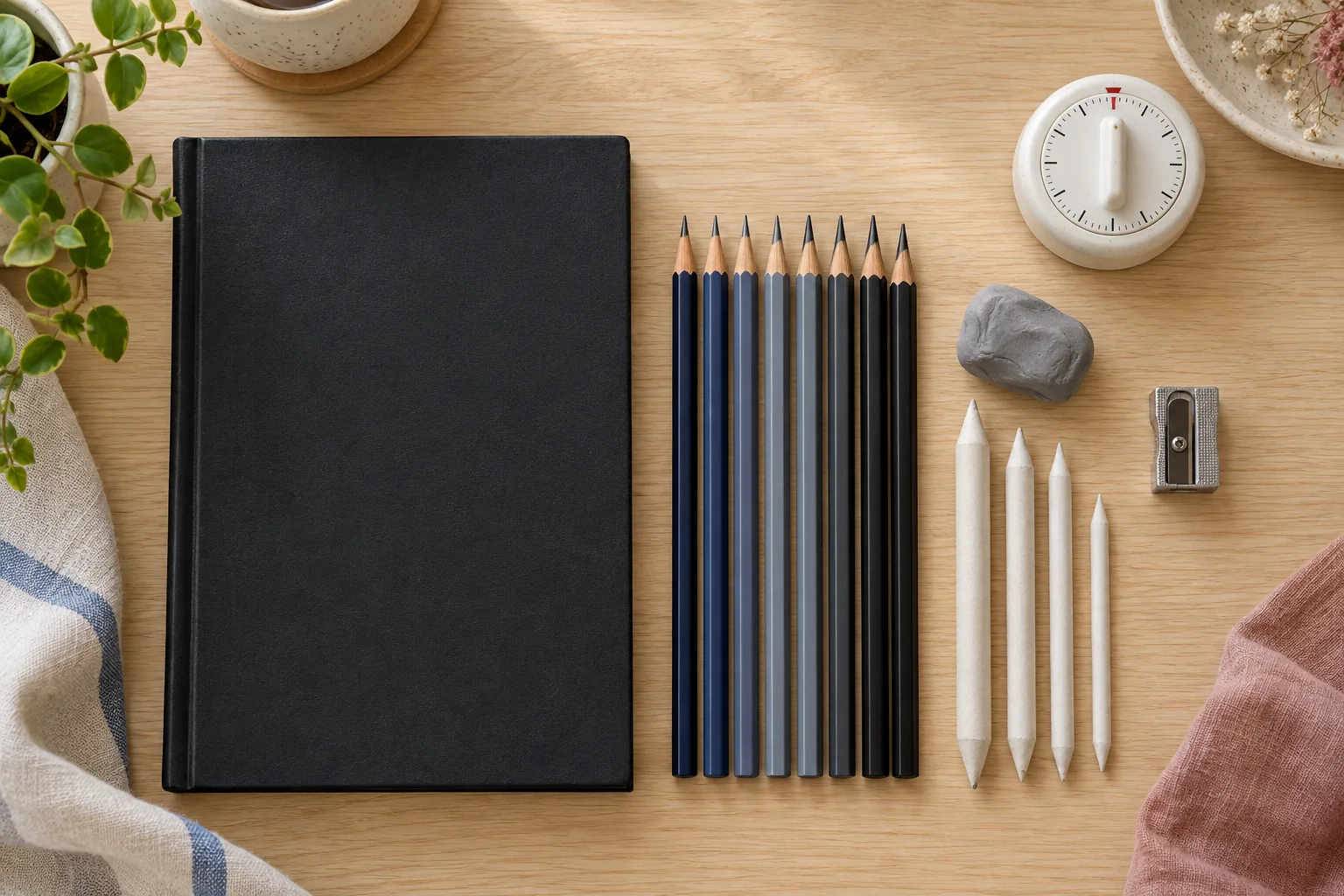 Sketching starter kit flat lay with a black sketchbook, graphite pencils from hard to soft, kneaded eraser, blending stumps, sharpener and timer