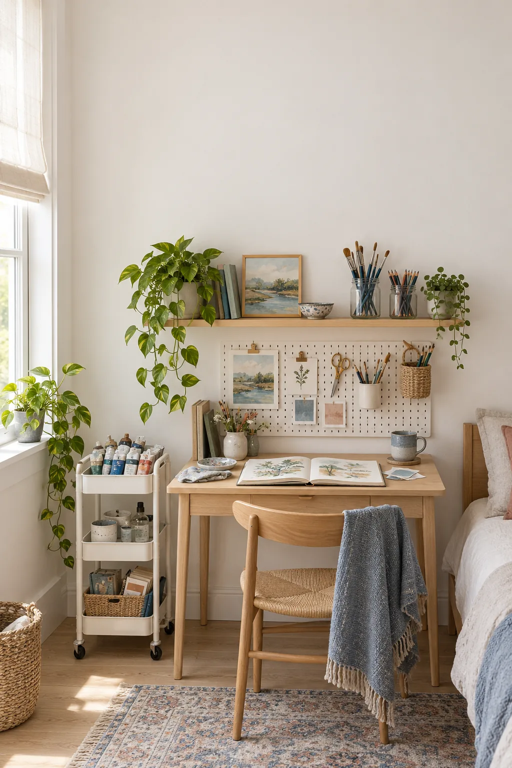 Small art studio in a bedroom corner with a compact desk, rolling cart, pegboard and floating shelf