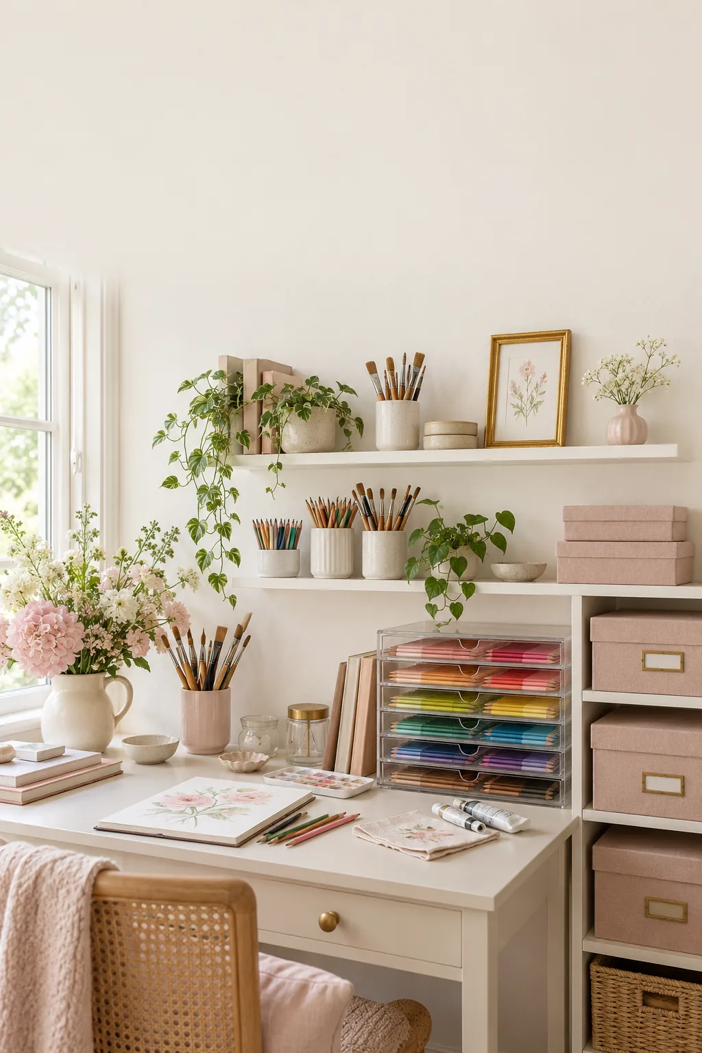 Soft romantic art studio corner in ivory and blush with rainbow colored pencils in clear acrylic drawers and blush storage boxes