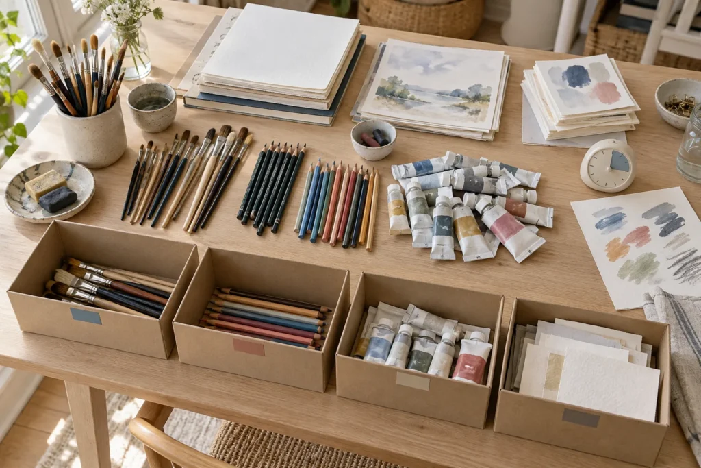 Art supplies sorted on a large table into piles of brushes, pencils, paint tubes and paper, with four sorting boxes in front