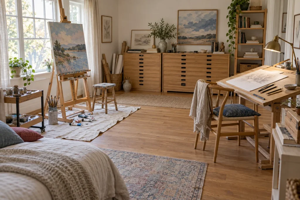 Spare bedroom art studio set up in zones with an easel, wooden flat file drawers and a tilted drafting table