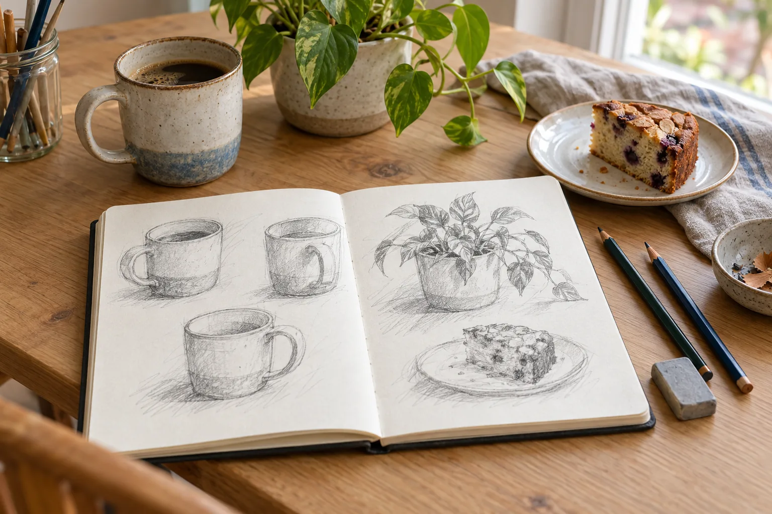 Open sketchbook with quick pencil sketches of a coffee mug from three angles, a houseplant and a slice of cake beside the real objects