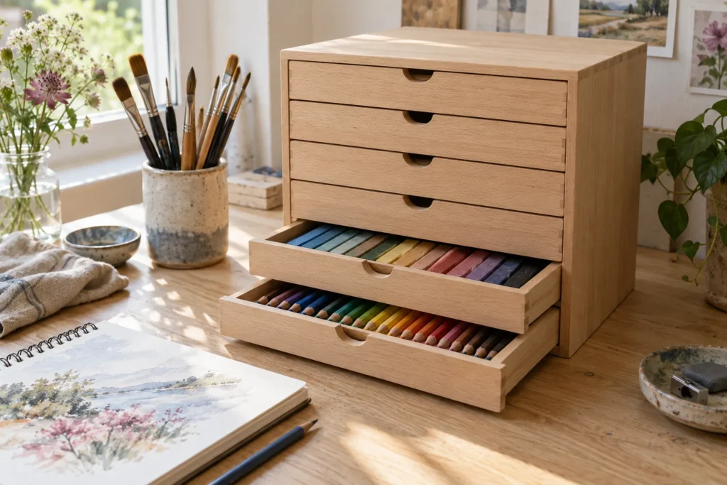 Six-drawer wooden art supply chest on a desk with open drawers of colored pencils and pastels in single layers